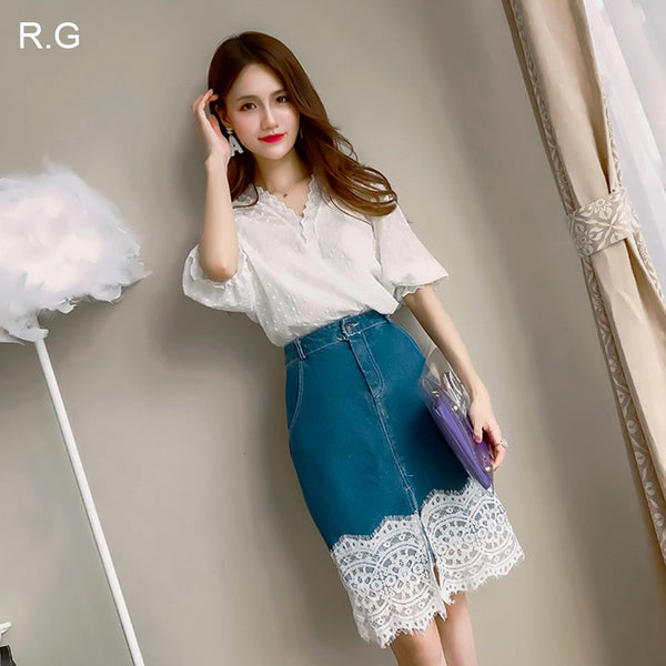 Korea Style Women Skirt Set White Lace Crop Top Coat Shirt and Lace Patchwork Denim Skirt 2 Piece Summer Sets Suits Spring 2022