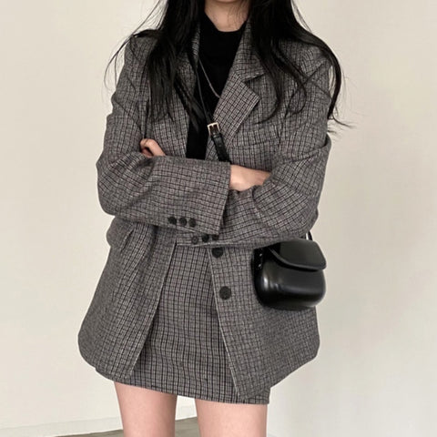 Korean 2 Set Woman Skirt Suits Retro Plaid Blazer Sets Suit Jacket + High Waist Skirt Sets OL Casual Blazer Two Piece