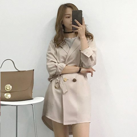 Korean 2022 Spring Casual Women Blazers Solid Mid-Long Double Breasted Sashes Women Blazer and Jackets femme Plus Size AO532