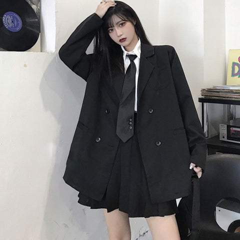 Korean Black Suit Blazers Outerwear Long Sleeve Women Double Breasted Thin Suit Coat 2022 Casual Office Spring Clothes Women