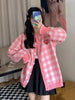 Korean Blue Plaid Kawaii Knitted Sweater Cardigan Women Harajuku Preppy Style Heart Embroidery Button Up Sweaters Jumper Female