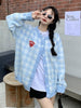 Korean Blue Plaid Kawaii Knitted Sweater Cardigan Women Harajuku Preppy Style Heart Embroidery Button Up Sweaters Jumper Female