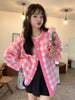 Korean Blue Plaid Kawaii Knitted Sweater Cardigan Women Harajuku Preppy Style Heart Embroidery Button Up Sweaters Jumper Female