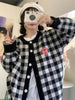 Korean Blue Plaid Kawaii Knitted Sweater Cardigan Women Harajuku Preppy Style Heart Embroidery Button Up Sweaters Jumper Female