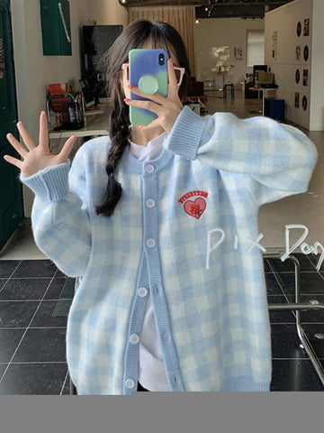 Korean Blue Plaid Kawaii Knitted Sweater Cardigan Women Harajuku Preppy Style Heart Embroidery Button Up Sweaters Jumper Female