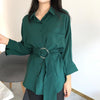 Korean Casual Loose Autumn Top And Blouse 2022 New Fashion Turn-down Collar Long Shirt Long Sleeve Solid Blouse With Belt