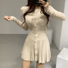 Korean Casual Single Breasted Knitting Mini Dress Women Autumn Winter Buttons Knitted Sweater Dress Pleated Robe Femme Vestidos