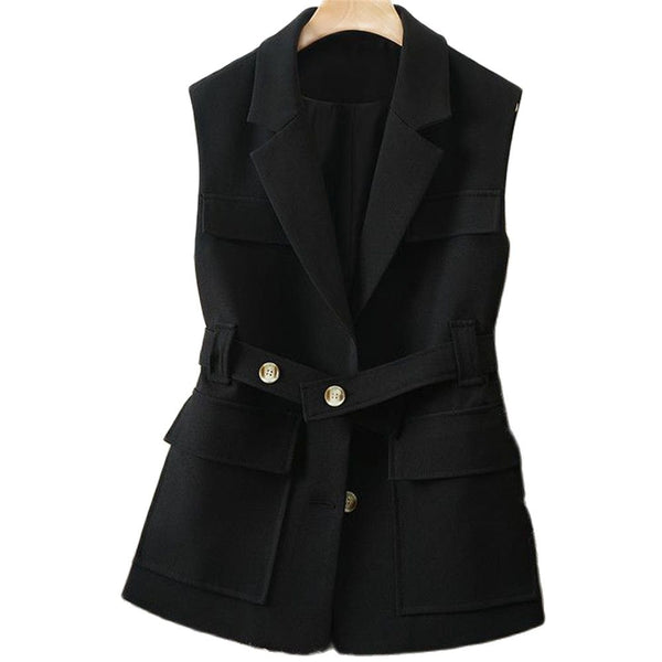 Korean Casual Suit Lapel Sleeveless Gilet With Belt Chic Waistcoat Female Sleeveless Coat Harajuku Single-Breasted Women Jacket