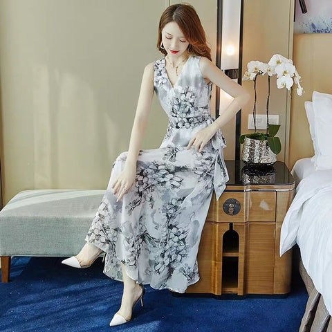 Korean Casual Summer Sleeveless Beach Dress Elegant Women Chiffon Maxi Party Dress Vintage Floral Print Long Dresses Vestido