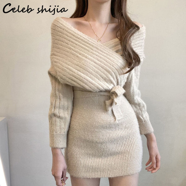Korean Chic Apricot Woolen Dress for Women Winter 2022 Cross V Neck El |  GraceQueens