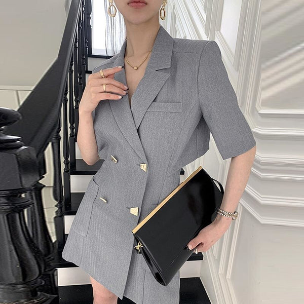 Korean Chic Dress Summer Style Suit Collar Chic Dress Double Breasted Care Back Hollow Short Sleeve Dress
