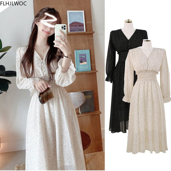 Korean Chic Design Autumn Spring Womens Slim Waist A Line Elegant Date Girls Long Single Breasted Button Shirt Dress
