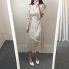 Korean Chic French Minority Retro Style able Puff Sleeve Square-Neck Cinched Slimming Lace-up Cotton and Linen Dress Long