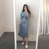 Korean Chic French Minority Retro Style able Puff Sleeve Square-Neck Cinched Slimming Lace-up Cotton and Linen Dress Long