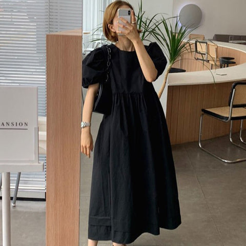 Korean Chic Simple Solid Niche Pleated Maxi Casual Dress Vintage Gothic Japan Style Young  Girl Loose 2022 Summer Dresses