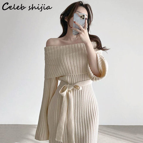 Korean Chic Slash Neck Knit Dress Woman Winter 2022 Pink Long-sleeve High Waist Sexy Mini Sweater Dresses Vestido Women Autumn