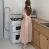 Korean Chic Sweet Temperament Double Pocket Design Slimming Bow Tie Puff Sleeve Dress Female Dress