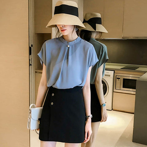 Korean Chiffon Blouse Women Summer 2022 New Fashion Loose Tops Women Short Sleeve O-Neck Open Back Casual Shirt Blue White