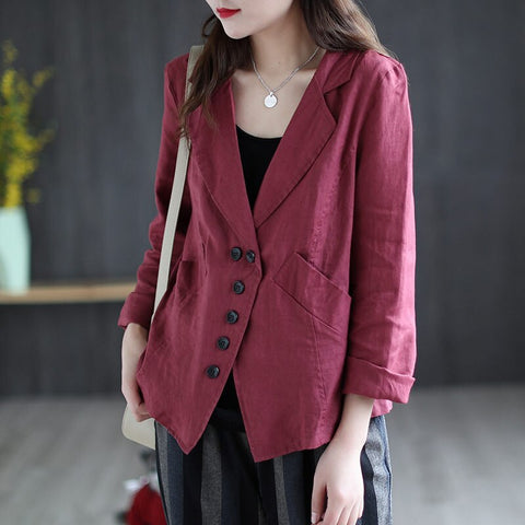Korean Clothing Linen Suit Collar Short Jacket 2022 Spring Summer Female Solid Color Retro Loose Cardigan Top Shirt Blazer zh834