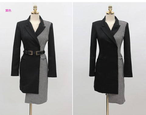 Korean Coats Women Winter Houndstooth Blazer Splicing Irregular Plaid Black Grey Patchwork Long Wo Coat Office Business  Coat