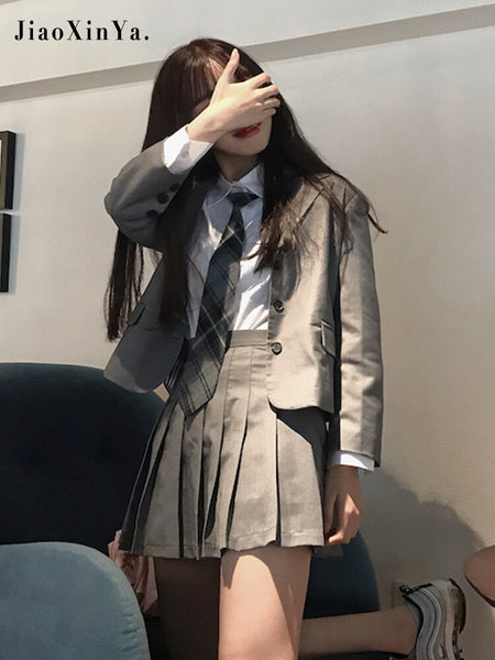 Korean College Style Long Sleeve Coat and High Waist Pleated Mini Skirt Blazer + pleated skirt + White Shirt + Tie 4 Piece Set