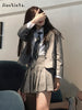 Korean College Style Long Sleeve Coat and High Waist Pleated Mini Skirt Blazer + pleated skirt + White Shirt + Tie 4 Piece Set