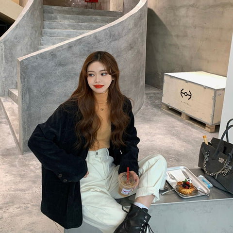 Korean Corduroy Loose Oversized Blazers Women Autumn Long Sleeved Thick Jacket Single Breasted Black Blazer