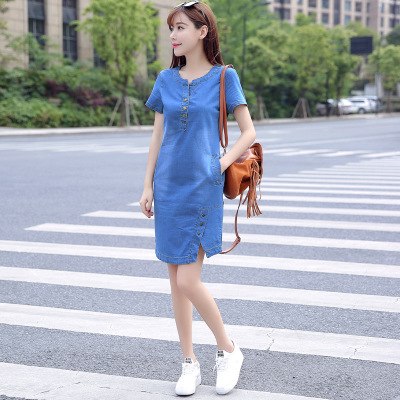 Korean Denim dress for women 2022 New Summer Casual Jeans Dress With b | GraceQueens