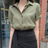 Korean Edition Women's Summer Green Polo Collar Shirt Short Sleeve Black Slim High Waist Irregular Skirt Office Two Sets