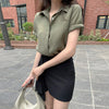 Korean Edition Women's Summer Green Polo Collar Shirt Short Sleeve Black Slim High Waist Irregular Skirt Office Two Sets