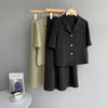 Korean Elegant Ol 2 Pcs Skirt Sets Single Breasted Short Sleeve Blazers + High Waist Folds A Line Skirts Solid Women Suit
