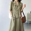 Korean Elegant Ol 2 Pcs Skirt Sets Single Breasted Short Sleeve Blazers + High Waist Folds A Line Skirts Solid Women Suit