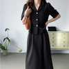 Korean Elegant Ol 2 Pcs Skirt Sets Single Breasted Short Sleeve Blazers + High Waist Folds A Line Skirts Solid Women Suit