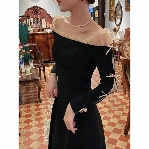 Korean Fahsion Evening Party Dress Women Off Shoulder Bow Vintage Midi Dress Lady Elegant Long Sleeve Black Dress 2022 Winter