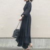 Korean 2022 Designer Pleated Dress Women Black Elegant Ruffle Long Sleeve High Waist Ladies Long Maxi Dresses Autumn
