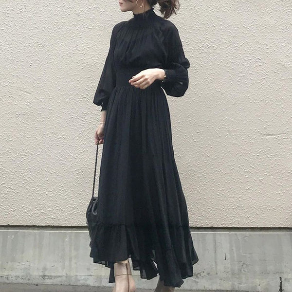 Korean 2022 Designer Pleated Dress Women Black Elegant Ruffle Long Sleeve High Waist Ladies Long Maxi Dresses Autumn