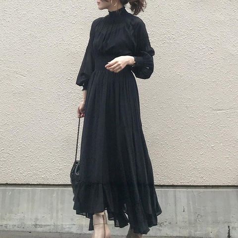 Korean 2022 Designer Pleated Dress Women Black Elegant Ruffle Long Sleeve High Waist Ladies Long Maxi Dresses Autumn