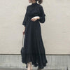 Korean 2022 Designer Pleated Dress Women Black Elegant Ruffle Long Sleeve High Waist Ladies Long Maxi Dresses Autumn
