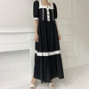 Korean  2022 Summer  Square Collar Color Contrast Puff Sleeve Splicing Dress Casual Casual Women's Clothing