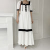 Korean  2022 Summer  Square Collar Color Contrast Puff Sleeve Splicing Dress Casual Casual Women's Clothing
