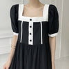 Korean  2022 Summer  Square Collar Color Contrast Puff Sleeve Splicing Dress Casual Casual Women's Clothing