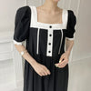 Korean  2022 Summer  Square Collar Color Contrast Puff Sleeve Splicing Dress Casual Casual Women's Clothing