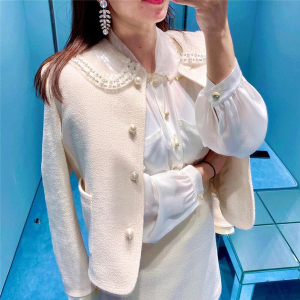 Korean Beading Two Piece Outfits 2023 Ladies Elegant White Blazer + Skirt Two Piece Set Female Autumn Winter Clothes