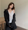 Korean Blazer Suits Loose Two Piece Outfits Women Long Sleeve Blazer Coat and High Waist Mini Pleated Skirt 2 Piece Set