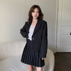 Korean Blazer Suits Loose Two Piece Outfits Women Long Sleeve Blazer Coat and High Waist Mini Pleated Skirt 2 Piece Set
