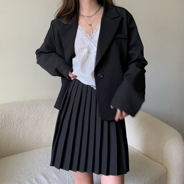 Korean Blazer Suits Loose Two Piece Outfits Women Long Sleeve Blazer Coat and High Waist Mini Pleated Skirt 2 Piece Set