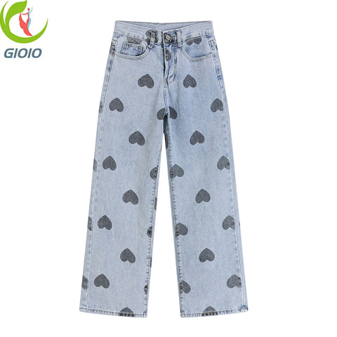 Korean Heart Shaped Printing Wide Leg Jeans Women Autumn Ins Street Retro Loose High Waisted Straight Jeans Female