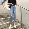 Korean Ripped Holde Jeans Women's Washed Casual Straight Baggy Pants Women High Waist Thin Wid Leg Trousers Mom Jeans