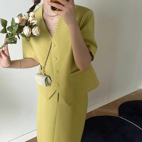 Korean Skirt Suits Women Sets V-Neck Short Sleeve Blazer + Loose Pencil Skirt Two Piece Set 2023 Summer