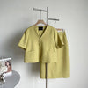Korean Skirt Suits Women Sets V-Neck Short Sleeve Blazer + Loose Pencil Skirt Two Piece Set 2023 Summer
